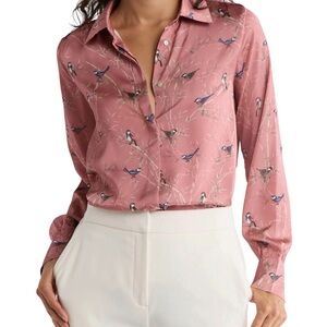 Zara Bird Print Blush Pink Blouse Top Shirt Large NWT